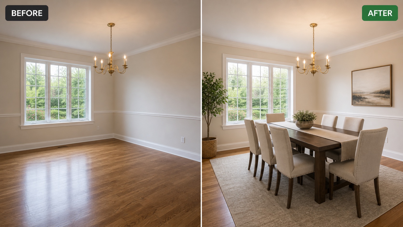 Before and after dining room virtual staging