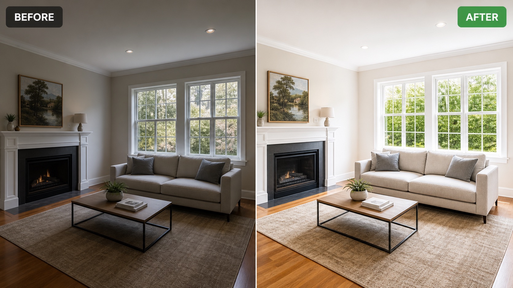 Before and after living room photo enhancement